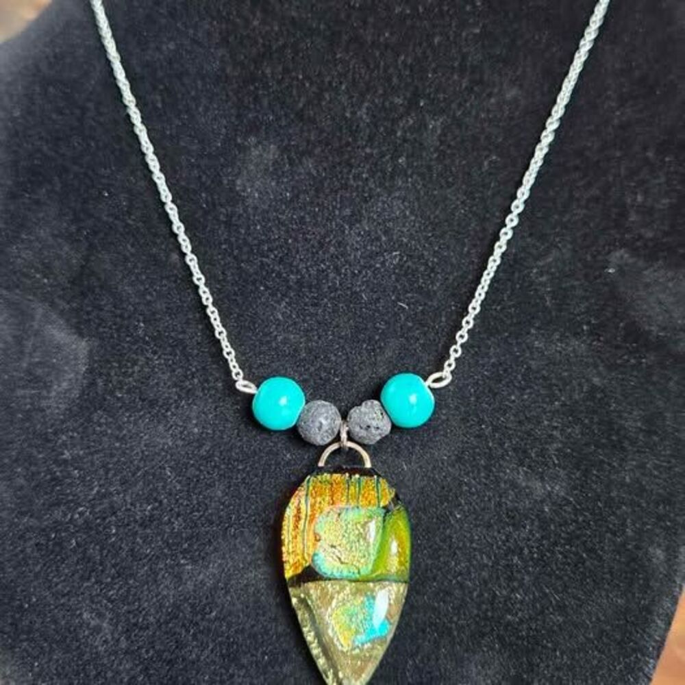 Handmade Aromatherapy Necklace Dichroic Glass Turquoise Lava Bead 20 Inch Boho